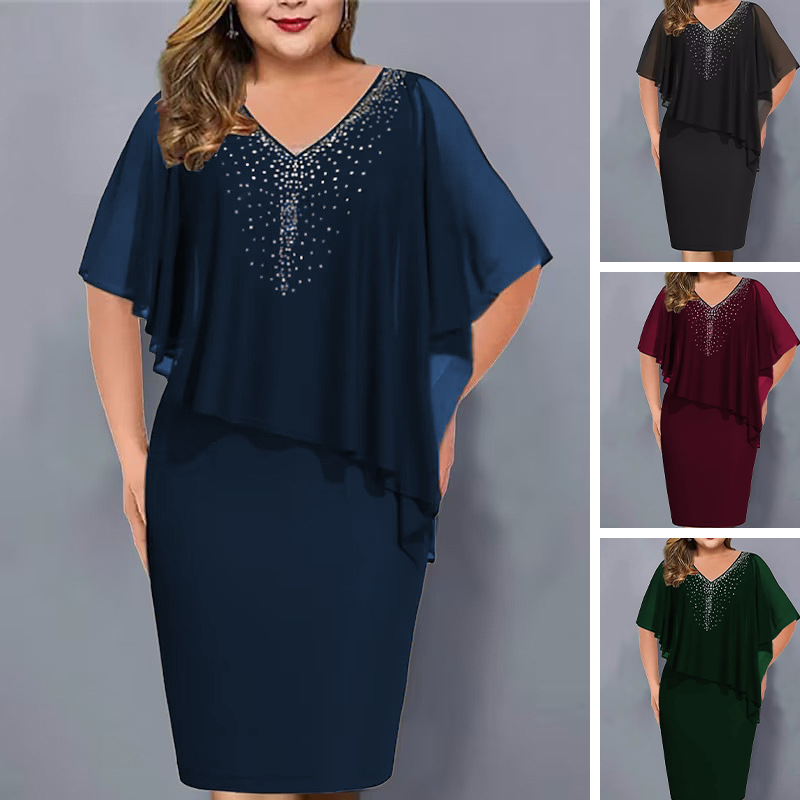 🔥👗Strasszos V-nyakú Cape ruha sifon borítással