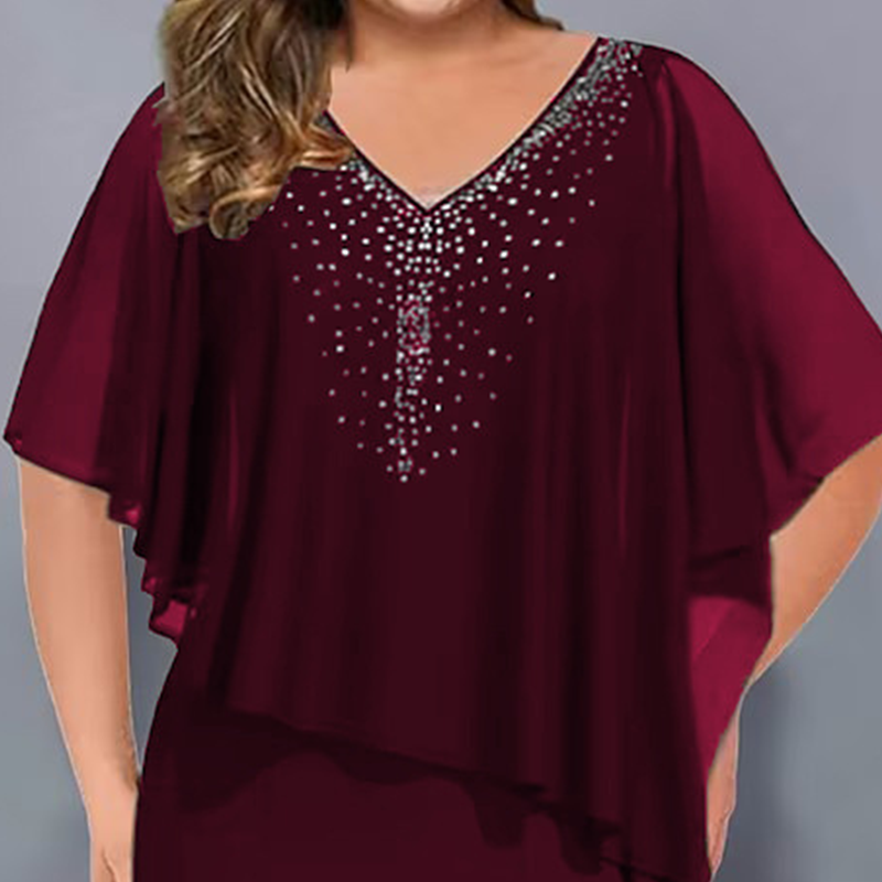 🔥👗Strasszos V-nyakú Cape ruha sifon borítással