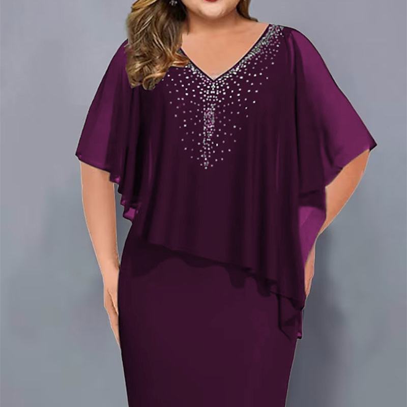 🔥👗Strasszos V-nyakú Cape ruha sifon borítással
