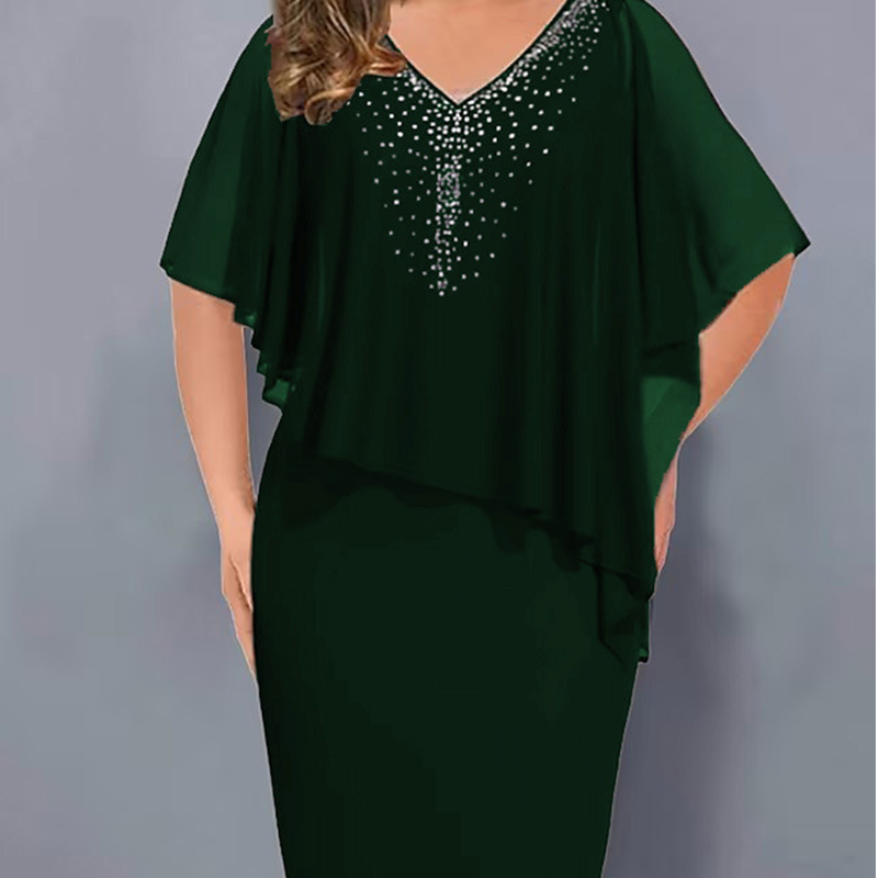 🔥👗Strasszos V-nyakú Cape ruha sifon borítással