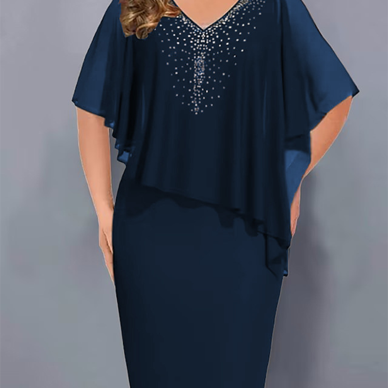 🔥👗Strasszos V-nyakú Cape ruha sifon borítással