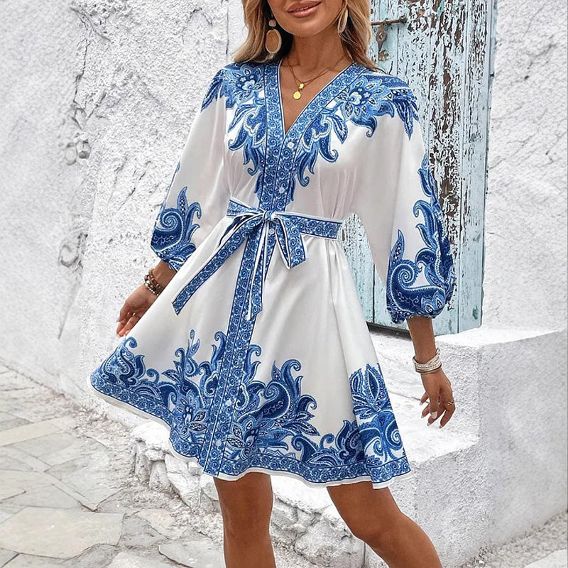 🔥👗【S-2XL】Női nyomtatott nyakkendős V-nyakú ruha
