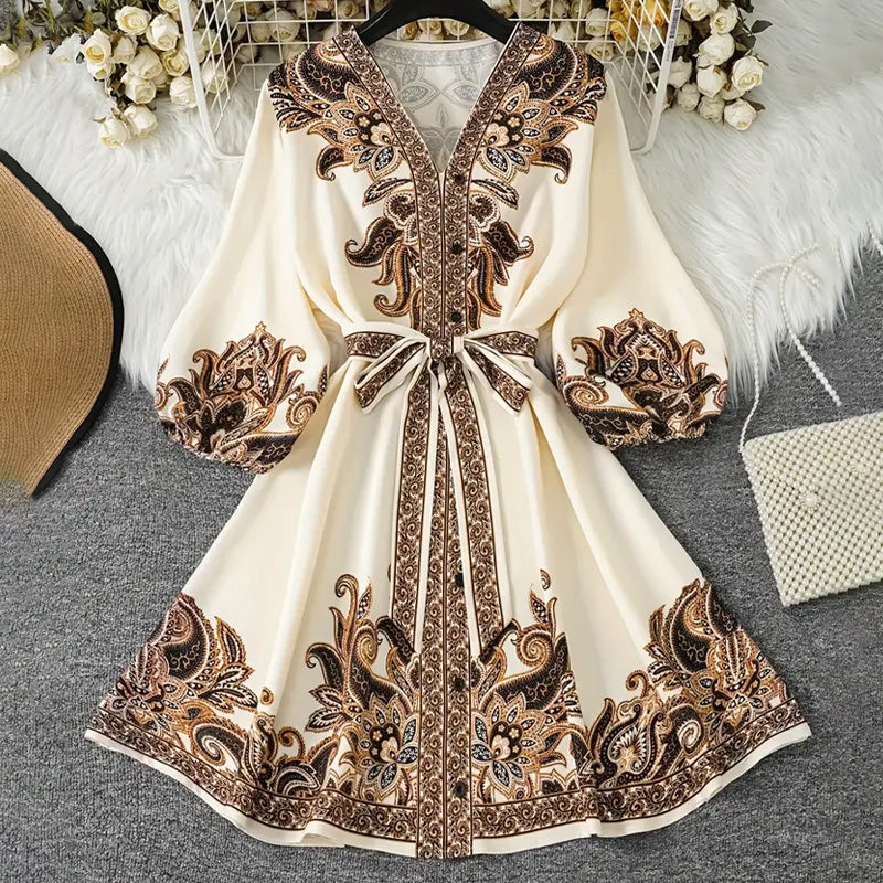 🔥👗【S-2XL】Női nyomtatott nyakkendős V-nyakú ruha
