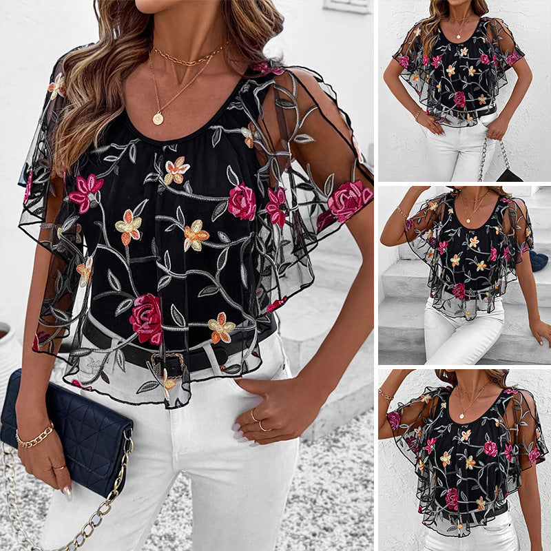 🔥👚 Női nyomtatott hálós patchwork felső 🥰