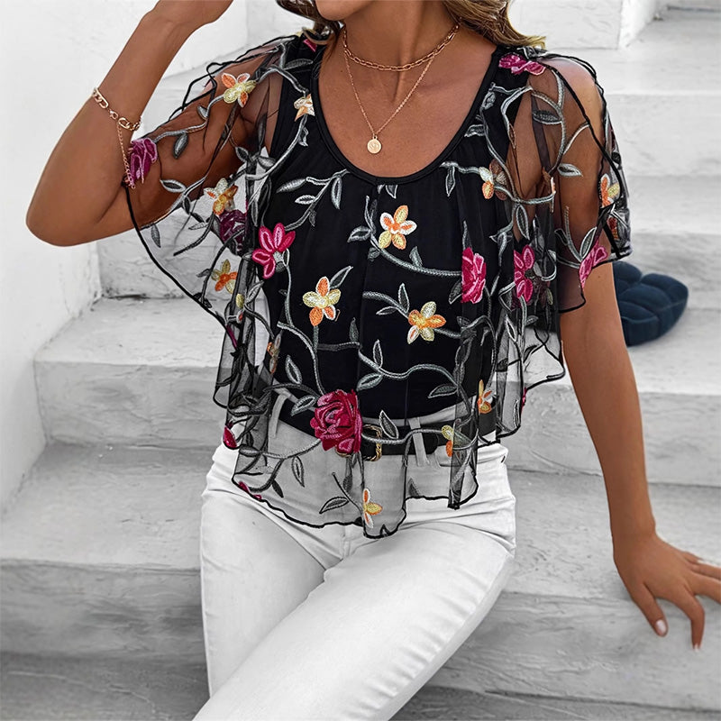 🔥👚 Női nyomtatott hálós patchwork felső 🥰