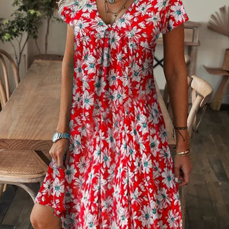 🔥👗【M-3XL】Női elegáns virágos nyomtatás V-nyakú hosszú ruha