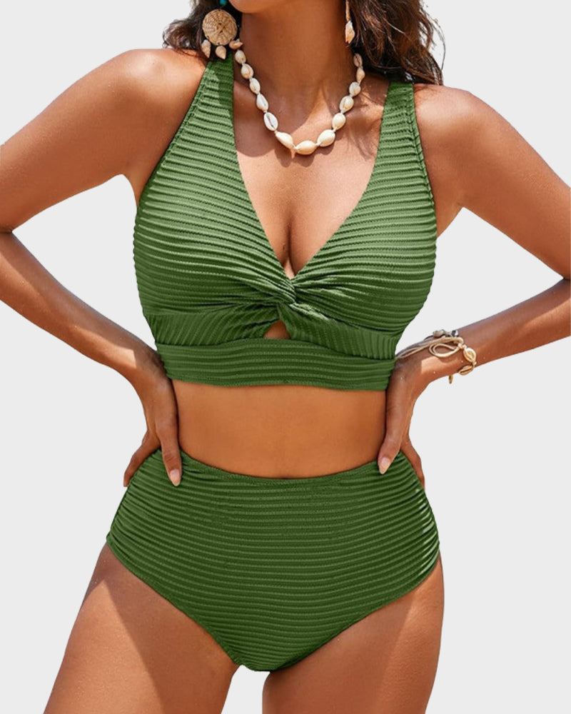 🔥👙Texturált, csomózott elülső, magas derekú bikiniszett