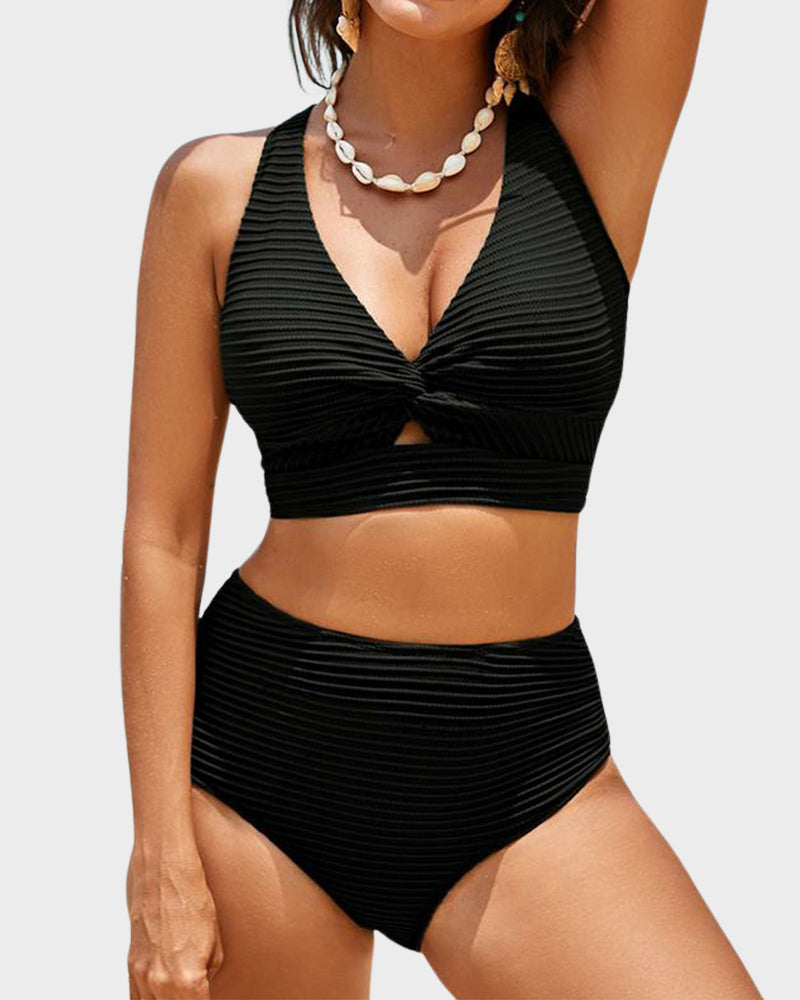 🔥👙Texturált, csomózott elülső, magas derekú bikiniszett