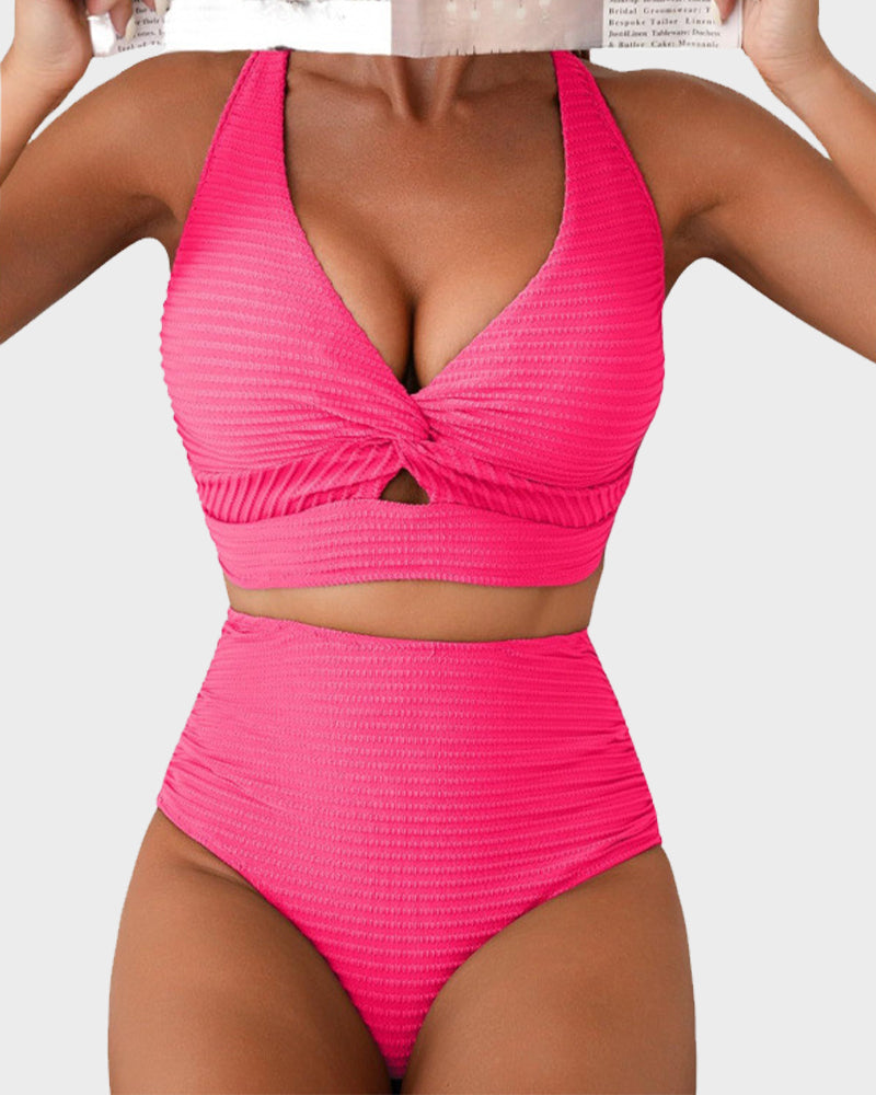 🔥👙Texturált, csomózott elülső, magas derekú bikiniszett
