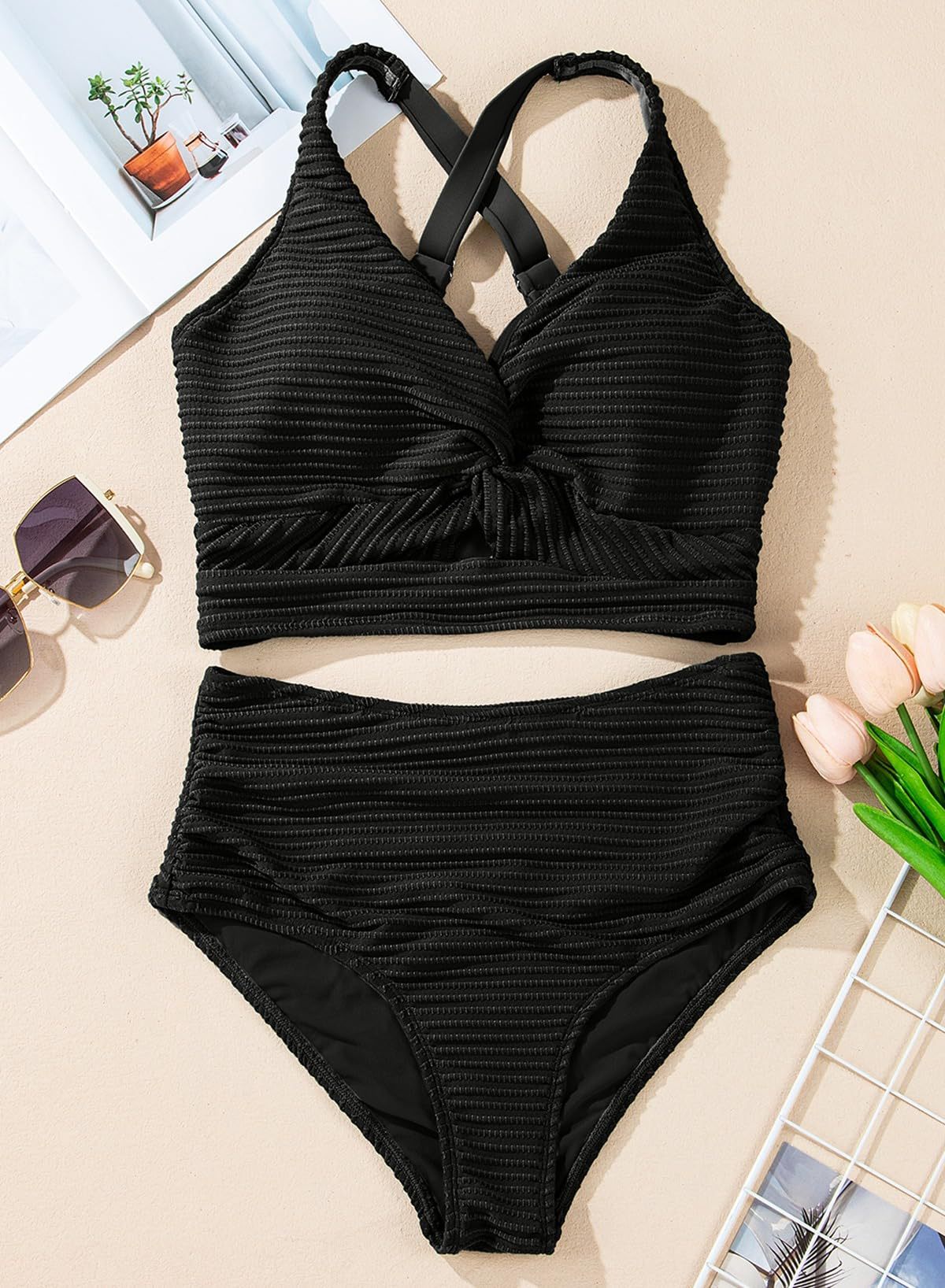 🔥👙Texturált, csomózott elülső, magas derekú bikiniszett