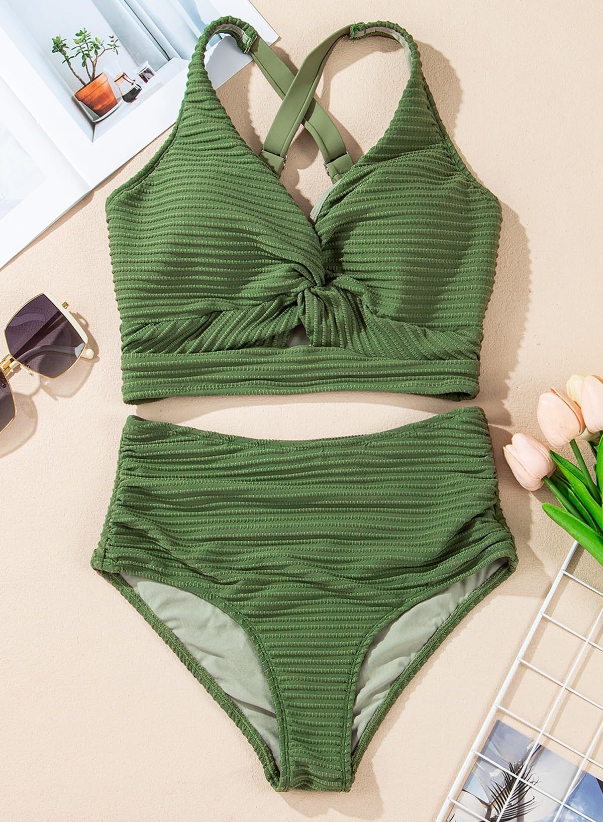 🔥👙Texturált, csomózott elülső, magas derekú bikiniszett