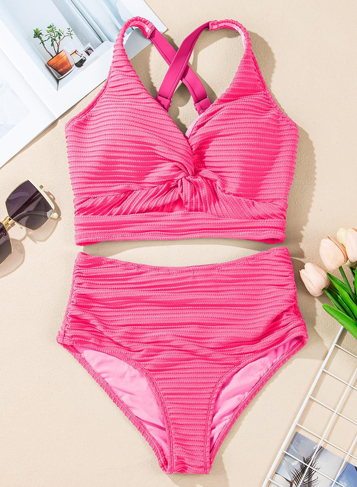 🔥👙Texturált, csomózott elülső, magas derekú bikiniszett