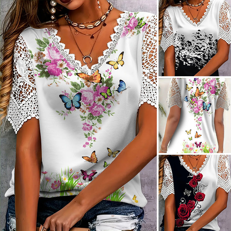 🔥👚[S-4XL] Csipkés patchwork nyomtatott rövid ujjú felső