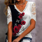 🔥👚[S-4XL] Csipkés patchwork nyomtatott rövid ujjú felső