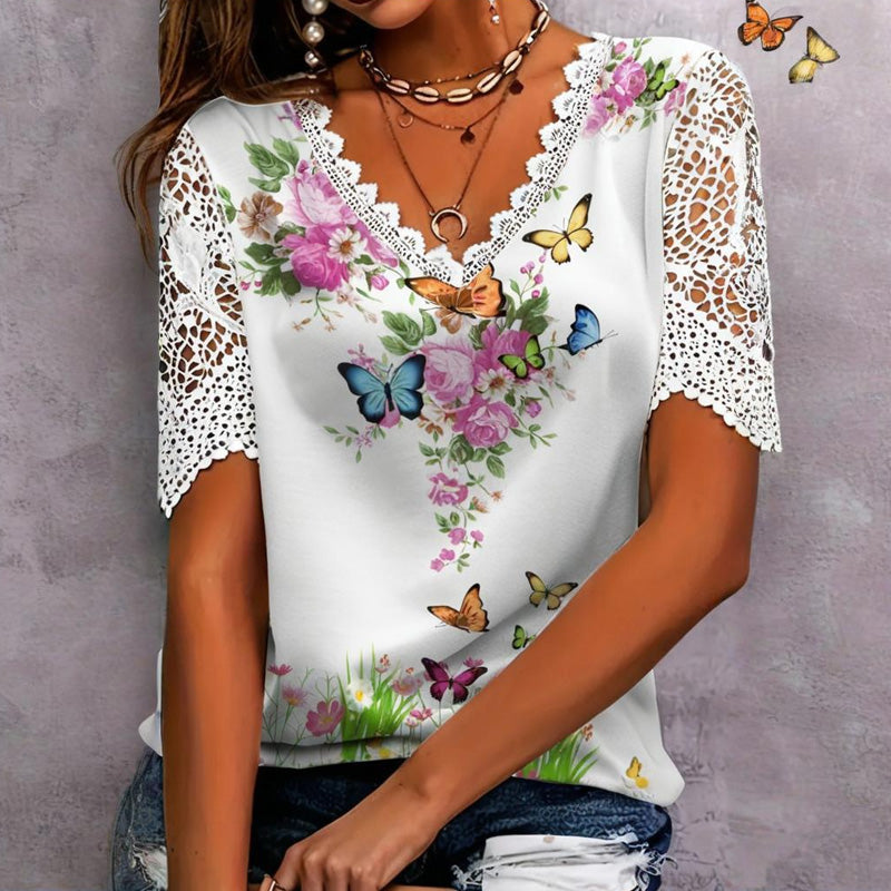 🔥👚[S-4XL] Csipkés patchwork nyomtatott rövid ujjú felső