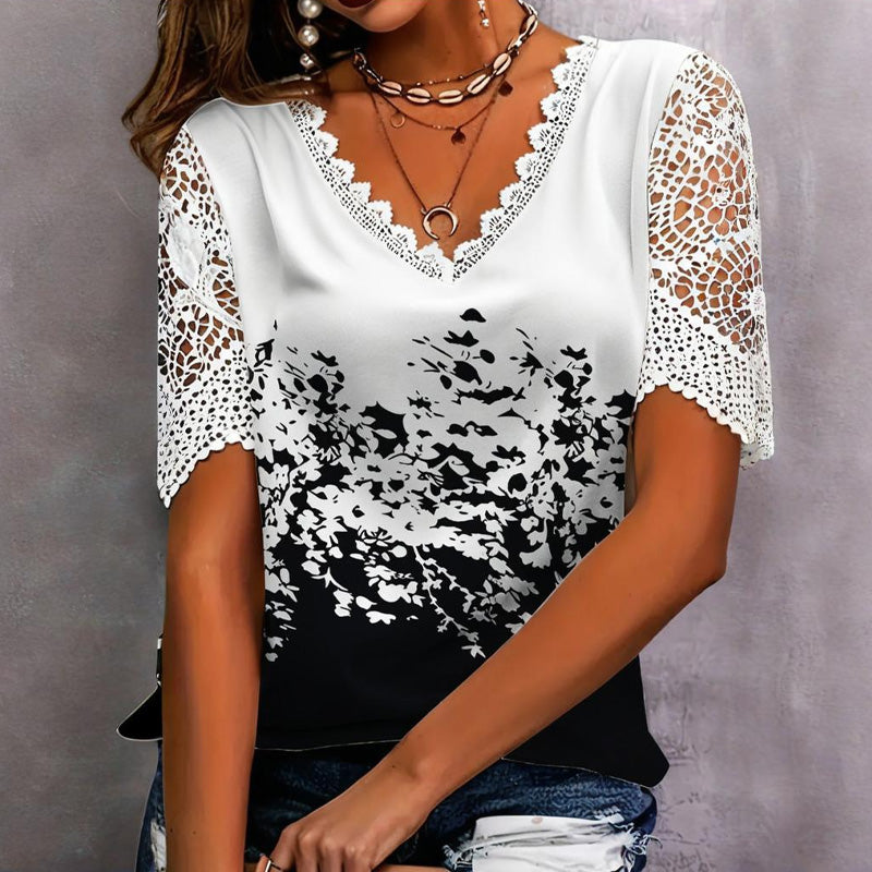 🔥👚[S-4XL] Csipkés patchwork nyomtatott rövid ujjú felső