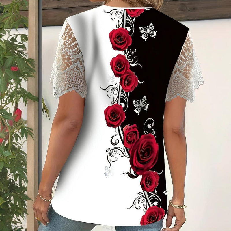 🔥👚[S-4XL] Csipkés patchwork nyomtatott rövid ujjú felső
