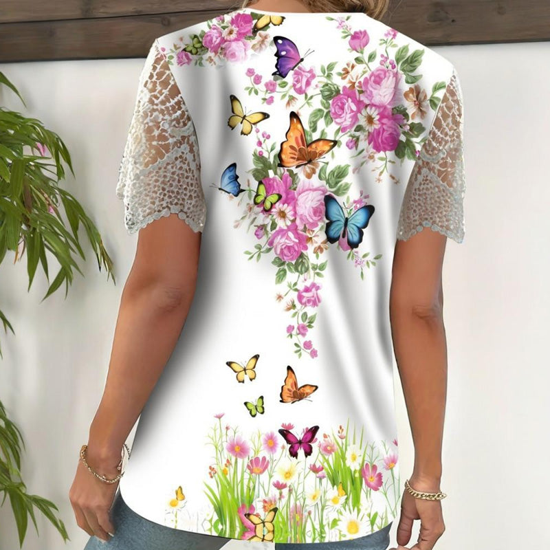 🔥👚[S-4XL] Csipkés patchwork nyomtatott rövid ujjú felső