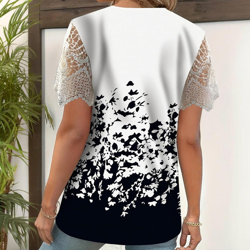 🔥👚[S-4XL] Csipkés patchwork nyomtatott rövid ujjú felső