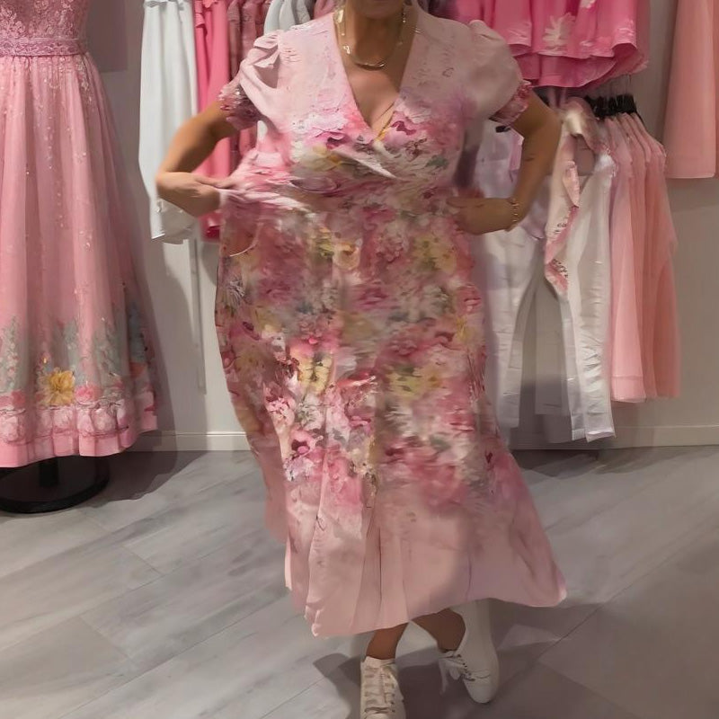 🔥👗Elegáns, virágmintás, V-nyakú hosszú ruha nőknek