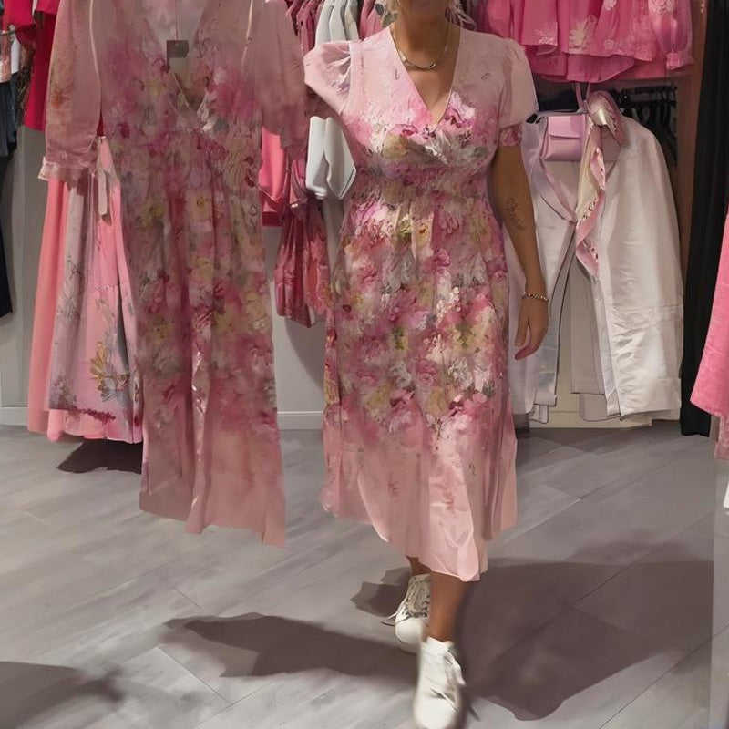 🔥👗Elegáns, virágmintás, V-nyakú hosszú ruha nőknek