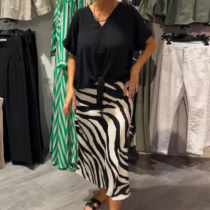 🔥👗Női csomózott blúz és midi szoknya lezser szett