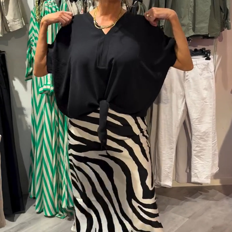 🔥👗Női csomózott blúz és midi szoknya lezser szett