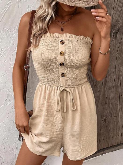 🔥👗Női pánt nélküli Frill Trim Shirred Tie Front széles lábú cső Romper